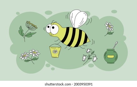 Bee, flowers, honey. Set of colored vector icons in doodle style.
  Insect bee with a bucket. Honey in a pot. Isolated background. Vector illustration.