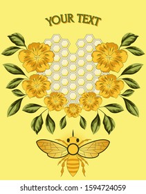 Bee with flowers and honeycomb