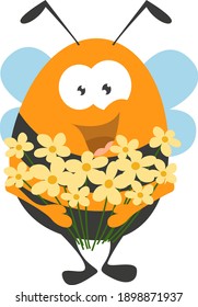 Bee with flowers, illustration, vector on a white background.