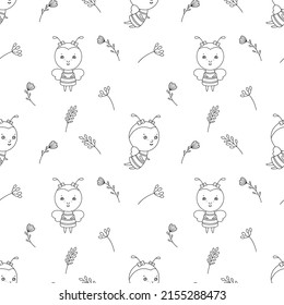 Bee with flowers on vector seamless pattern. Cute children character. Illustration for print, wallpaper, fabric.