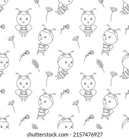 Bee with flowers on vector seamless pattern. Cute children character. Illustration for print, wallpaper, fabric.