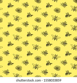 Bee and flowers outline seamless background hand drawn cartoon art on yellow backdrop. 