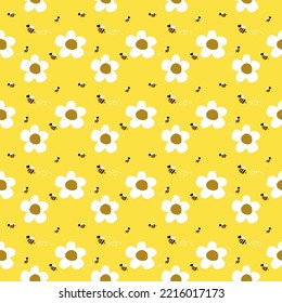 Bee and flowers  pattern on yellow background. Cute hand drawn for the Kids fabric design. 