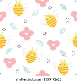 Bee and flowers seamless background repeating pattern, wallpaper background, cute seamless pattern background