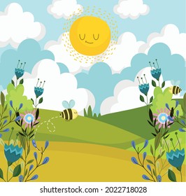 bee flowers and sky hills cartoon