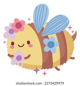 bee and flowers spring character isolated icon