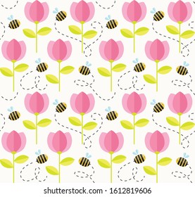 Bee and flowers summer pattern. Seamless floral background with bees in graphic cartoon flat style.