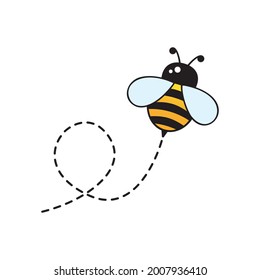 Bee fly character. Bee flying on a dotted route. Cartoon vector illustration. Isolated on white background. 