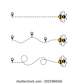 Carácter de la mosca de abeja con el pin de punto de inicio. Abejas volando en una colección de rutas punteadas. Ilustración vectorial de dibujos animados. Aislado sobre fondo blanco.