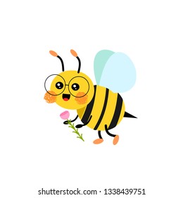 Bee fly and hold the flower isolated on white background  vector illustration,cute cartoon caracter of bee