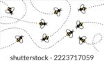 Bee fly on dotted route pattern, bumblebee flying on dotted line path, vector background. Happy bee on dotted route journey, bumblebee pattern background