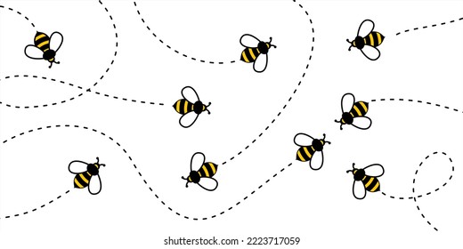 Bee fly on dotted route pattern, bumblebee flying on dotted line path, vector background. Happy bee on dotted route journey, bumblebee pattern background