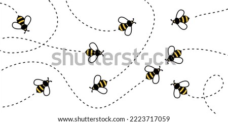 Bee fly on dotted route pattern, bumblebee flying on dotted line path, vector background. Happy bee on dotted route journey, bumblebee pattern background