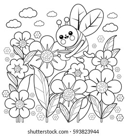 Bee flying around flowers in the garden. Vector black and white coloring page.