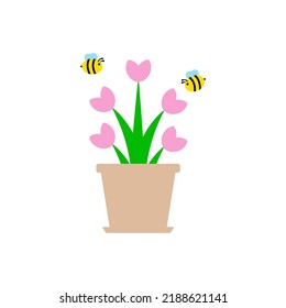 Bee flying around flowers on white background. Bees support the growth of trees and plants, critical to the environment. 