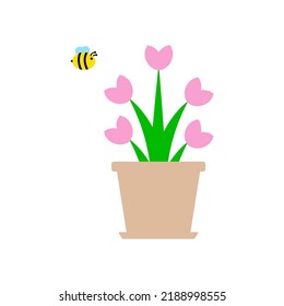 Abejas volando alrededor de flores sobre fondo blanco. Las abejas apoyan el crecimiento de árboles y plantas, que son críticas para el medio ambiente. 