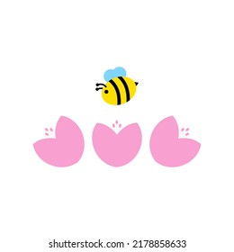 Bee flying around pink flowers on white background. Bees support the growth of trees and plants, critical to the environment. 