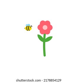 Bee flying around red flower on white background. Bees support the growth of trees and plants, critical to the environment. 