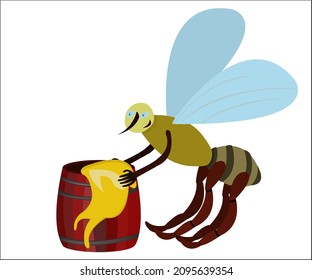 A bee flying with a barrel of a sweet honey. Vector illustration.