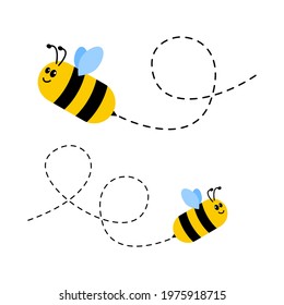 Bee flying characters set. Cute bees with dotted route. Vector cartoon insect illustration. Isolated on white
