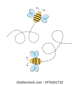 Bee flying characters set. Cute bees with dotted route. Vector cartoon insect illustration. Isolated on white