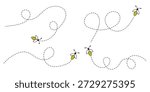 Bee flying doted path, line way. Bumblebee fly route journey for travel. Bees flying path. Cartoon bee fly dotted line route, bumblebee wasp hornet honeybee flight track buzz bug baby . eps 10
