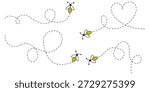Bee flying doted path, line way. Bumblebee fly route journey for travel. Bees flying path. Cartoon bee fly dotted line route, bumblebee wasp hornet honeybee flight track buzz bug baby . eps 10