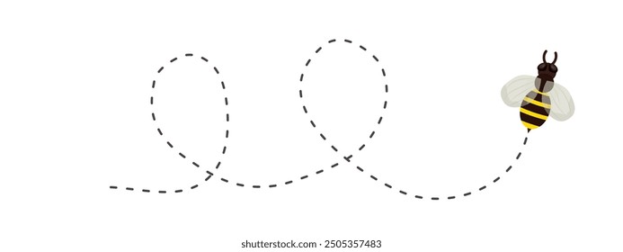 Abeja volando camino punteado, camino de línea. Ruta de vuelo de Bumblebee para viajar. Diseño de producto de miel, abeja con alas lindas.