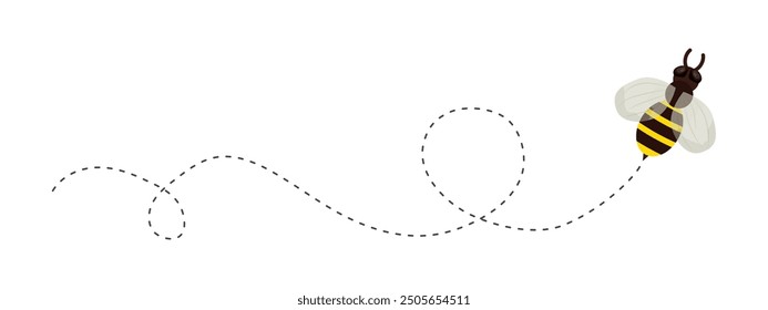 Bee flying doted path, line way. Bumblebee fly route journey for travel. Honey product design, Bee with cute wings.