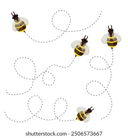 Abeja volando camino punteado, camino de línea. Ruta de vuelo de Bumblebee para viajar. Diseño de producto de miel, abeja con alas lindas.