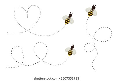 Abeja volando camino punteado, camino de línea. Ruta de vuelo de Bumblebee para viajar. Diseño de producto de miel, abeja con alas lindas.