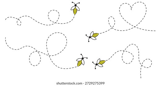Bee flying doted path, line way. Bumblebee fly route journey for travel. Bees flying path. Cartoon bee fly dotted line route, bumblebee wasp hornet honeybee flight track buzz bug baby . eps 10