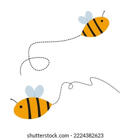 Bee flying in a dotted line the flight path of a bee to honey. Vector illustration. EPS 10.