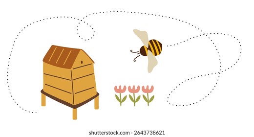 A abelha voa de flor em casa. Fuga da abelha. Ilustração de verão. Alimentação saudável.