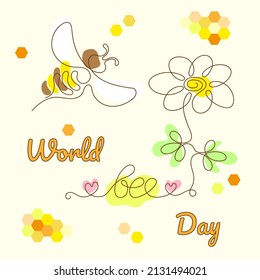 A bee flying to a flower in line art style on a light background for World Bee Day
