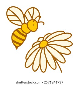 Bee flying at the flower line icon vector isolated. Simple symbol of an insect collecting nectar for honey. Concept of apiculture and beekeeping.