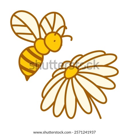 Bee flying at the flower line icon vector isolated. Simple symbol of an insect collecting nectar for honey. Concept of apiculture and beekeeping.