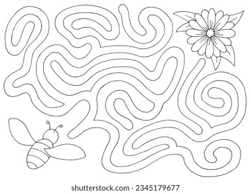 Bee flying to flower maze graphic black white sketch illustration vector