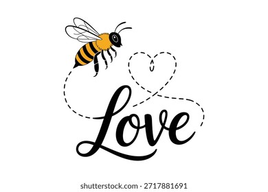 Una abeja volando en un camino en forma de corazón por encima de la palabra 'Amor' en elegante escritura cursiva sobre un fondo blanco.