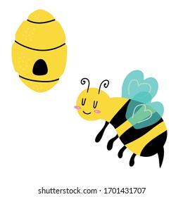 Bee flying to hive. Vector illustration cartoon flat icon isolated on white. can be used for: Print, banner, label, poster, sticker, logo.