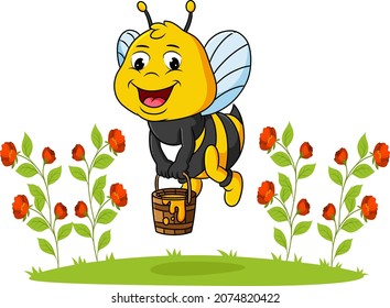 The bee are flying and holding a bucket of honey of illustration