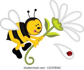 Bee flying holding flower