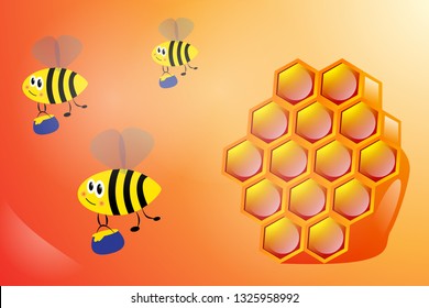 Bee flying with honey, honeycomb vector icon