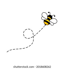 Icono de vuelo de abejas. Abeja linda vuela por una ruta de puntos. Ilustración vectorial de dibujos animados. Aislado sobre fondo blanco