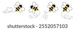 Bee flying icon set. Bee flying on a dotted path isolated on the white background. Bee flying in different style vector illustration. 