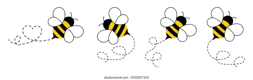 Bienenfliegendes Symbol. Biene, die auf einem gepunkteten Pfad einzeln auf weißem Hintergrund fliegt. Biene fliegt in verschiedenen Stil Vektorgrafik. 