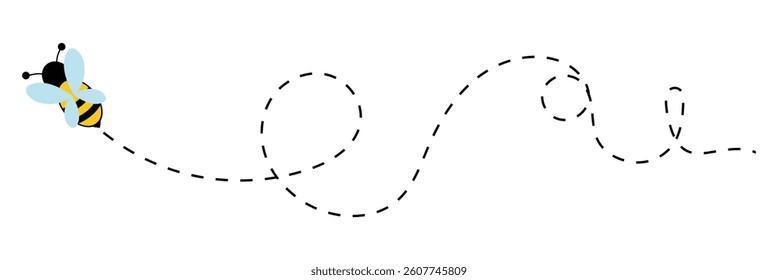 Bee flying icon set. Bee flying on a dotted path isolated on the white background. Bee flying in different style vector illustration.