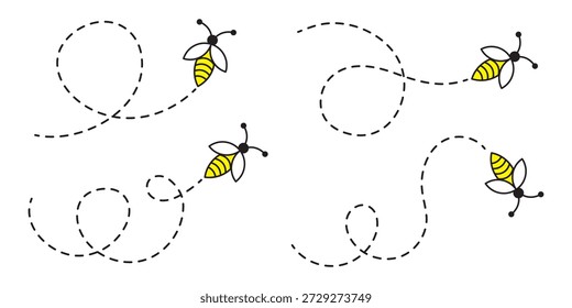 Bienenfliegendes Symbol. Biene, die auf einem gepunkteten Pfad einzeln auf weißem Hintergrund fliegt. Biene fliegt in verschiedenen Stil Vektorgrafik.