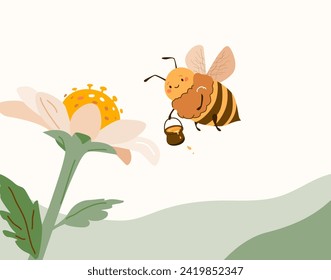 Bee flying near daisy flower vector illustration. Honeybee collects honey pollen. Cartoon child design in flat modern style. Spring, summer, nature sweet landscape.