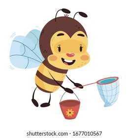 Bee flying with net and bucket on white isolated background. Vector bee children character design illustration.